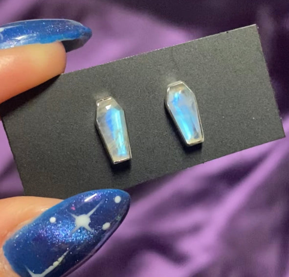 Rainbow Moonstone Coffin Earrings in Sterling Silver