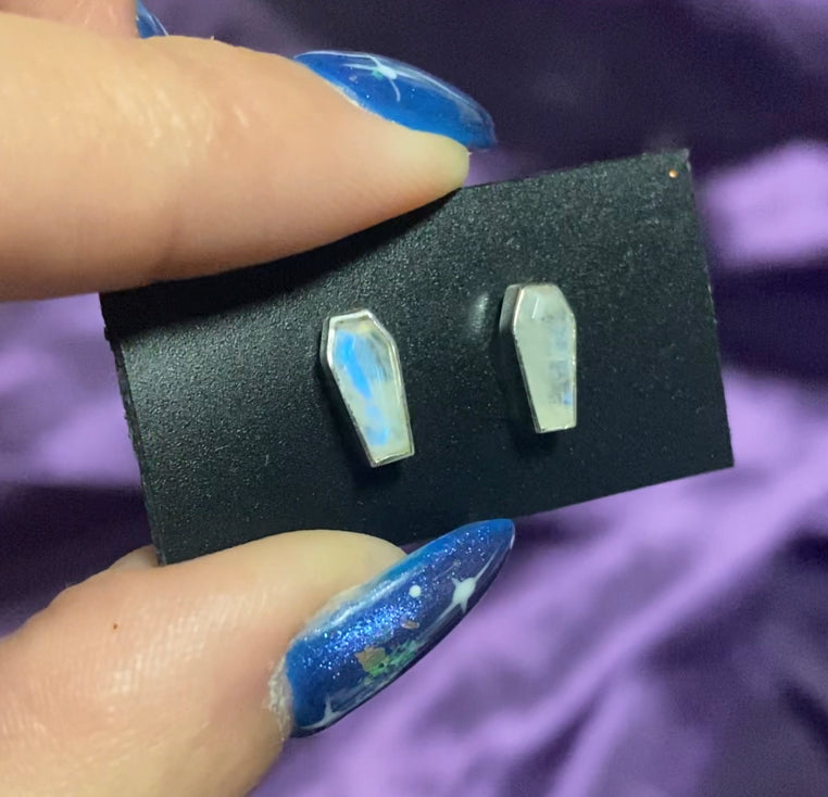 Rainbow Moonstone Coffin Earrings in Sterling Silver